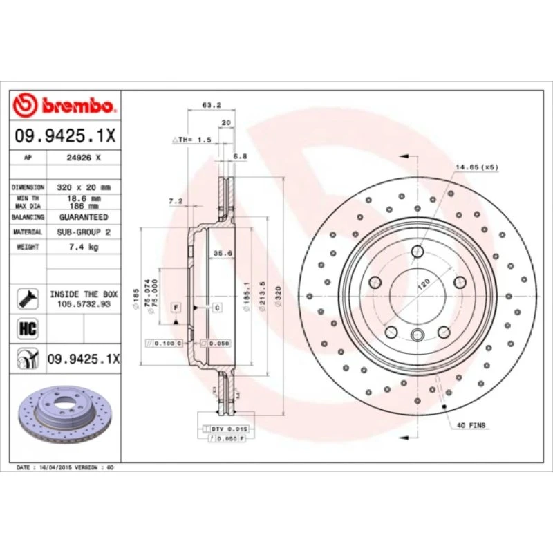 Brembo Bremseskive 09.9425.1X, 320 mm, bagaksel, perforeret