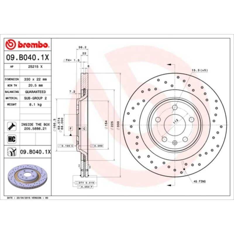 Brembo Bremseskive 09.B040.1X 8K0615601C for Audi A4 B8, A5, Q5