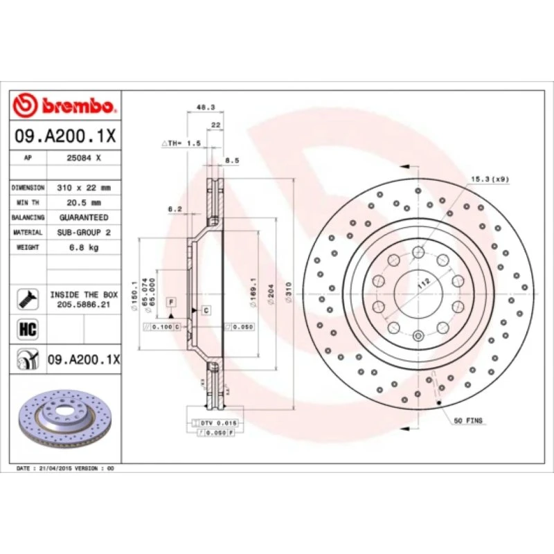 Brembo Bremseskive 09.A200.1X, 310 mm, perforeret, til VW, Audi, Mercedes-Benz