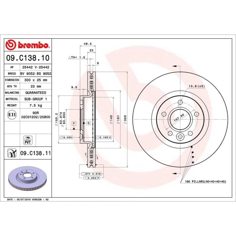 Brembo Bremseskive 09.C138.11 for Volvo C30, S40, V40