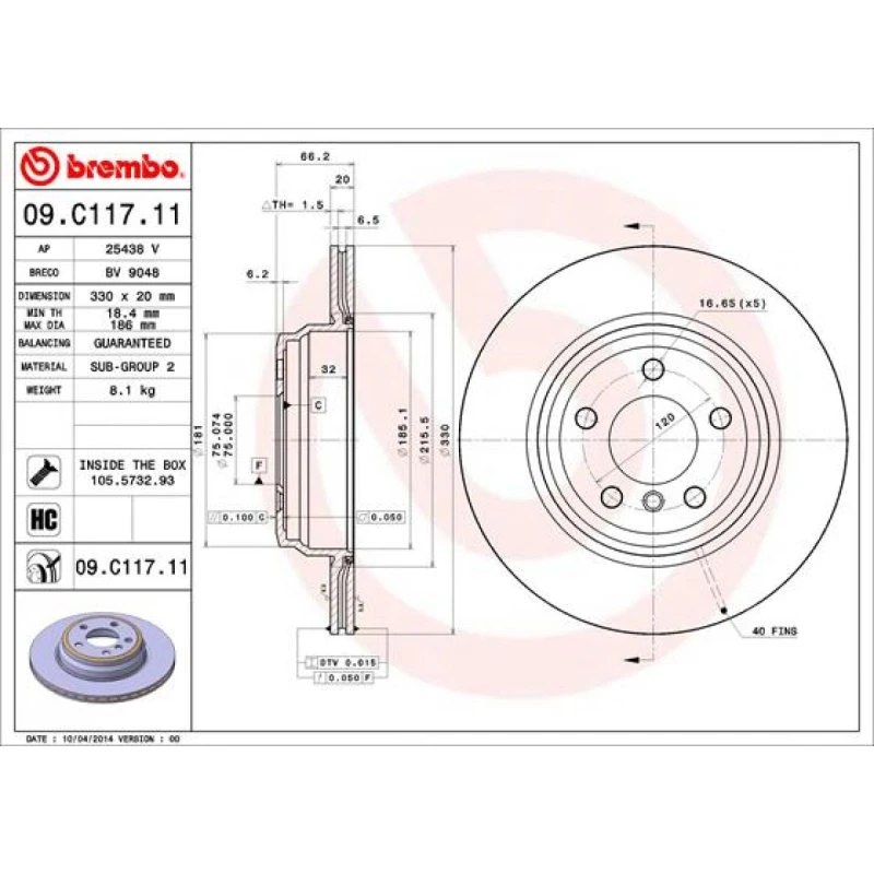 Brembo Bremseskive 09.C117.11, 330 mm, bagaksel, Prime