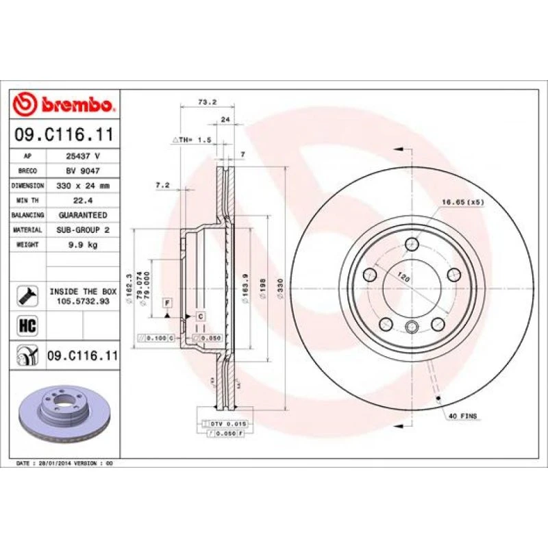 Brembo Bremseskive 09.C116.11 for BMW 3, 4, 5, 6, 7, 8, X1, X3, X5