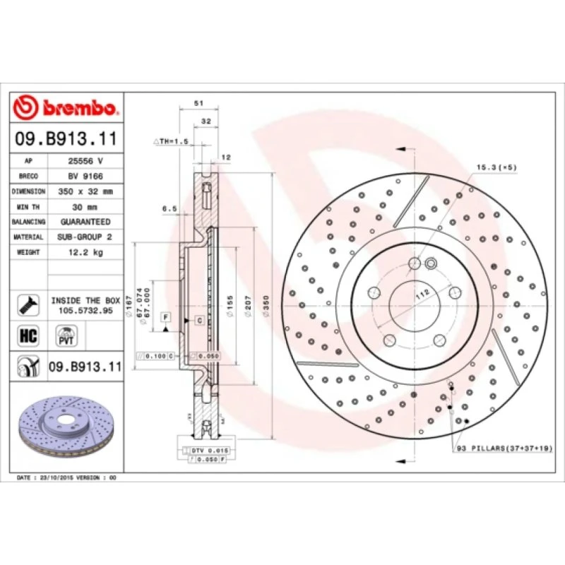 Brembo Bremseskive 09.B913.11 for Mercedes-Benz A-klasse, CLA, GLA