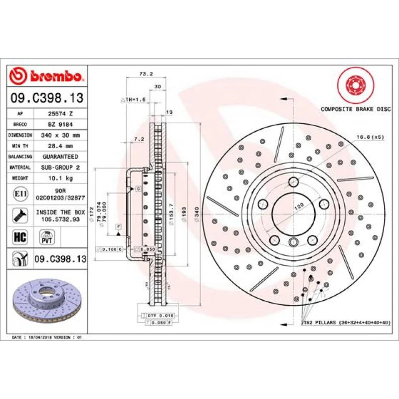 Brembo Bremseskive 09.C398.13 for BMW, 30 mm tyk, indvendigt ventileret