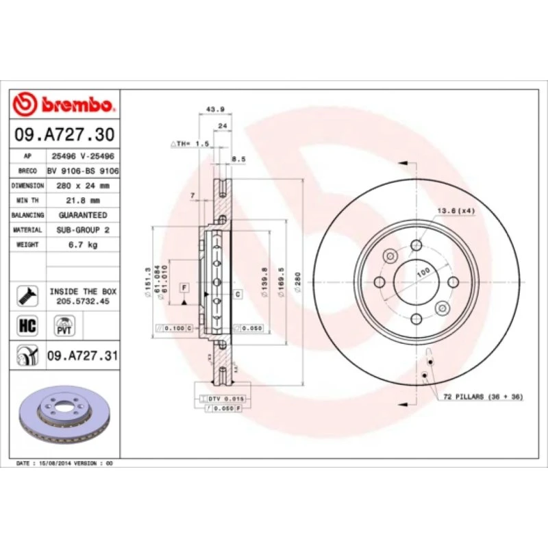 Brembo Bremseskive 09.A727.31 for Renault/Dacia