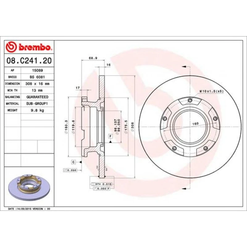 Brembo Bremseskive 08.C241.20, 16 mm, til Ford Transit & Tourneo