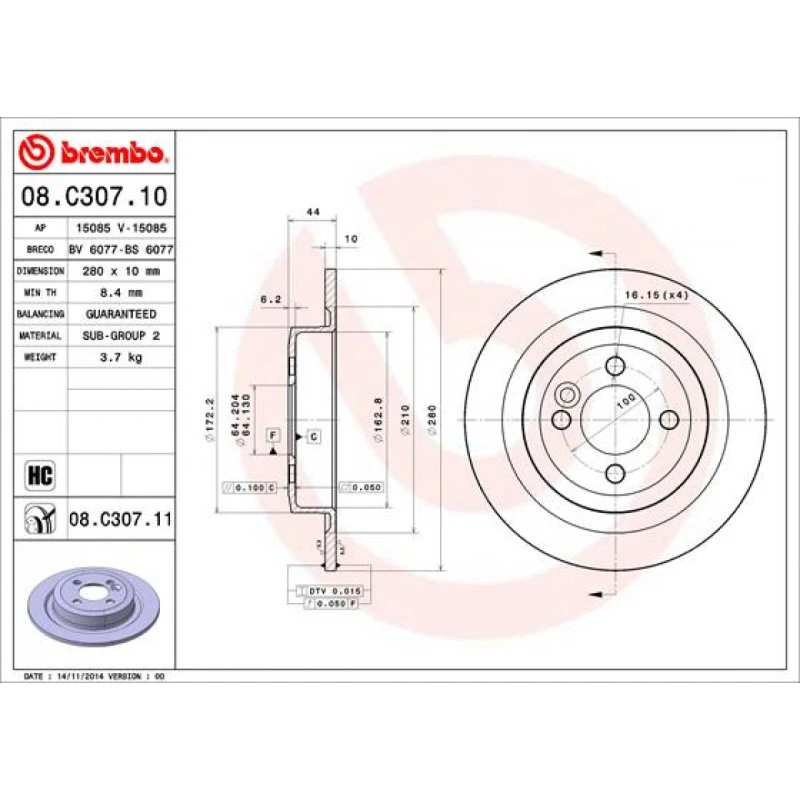 Brembo Bremseskive 08.C307.11 Prime, bagaksel, til MINI med sportpakke
