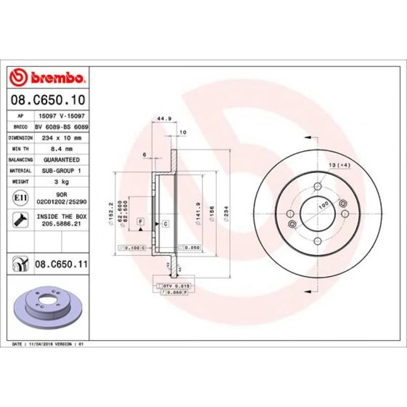 Brembo Bremseskive 08.C650.11 for Hyundai i10 II/III