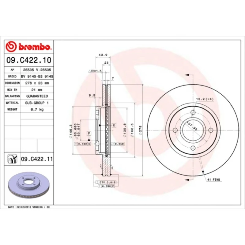 Brembo Bremseskive 09.C422.11 for Ford B-Max, Fiesta, Transit Courier