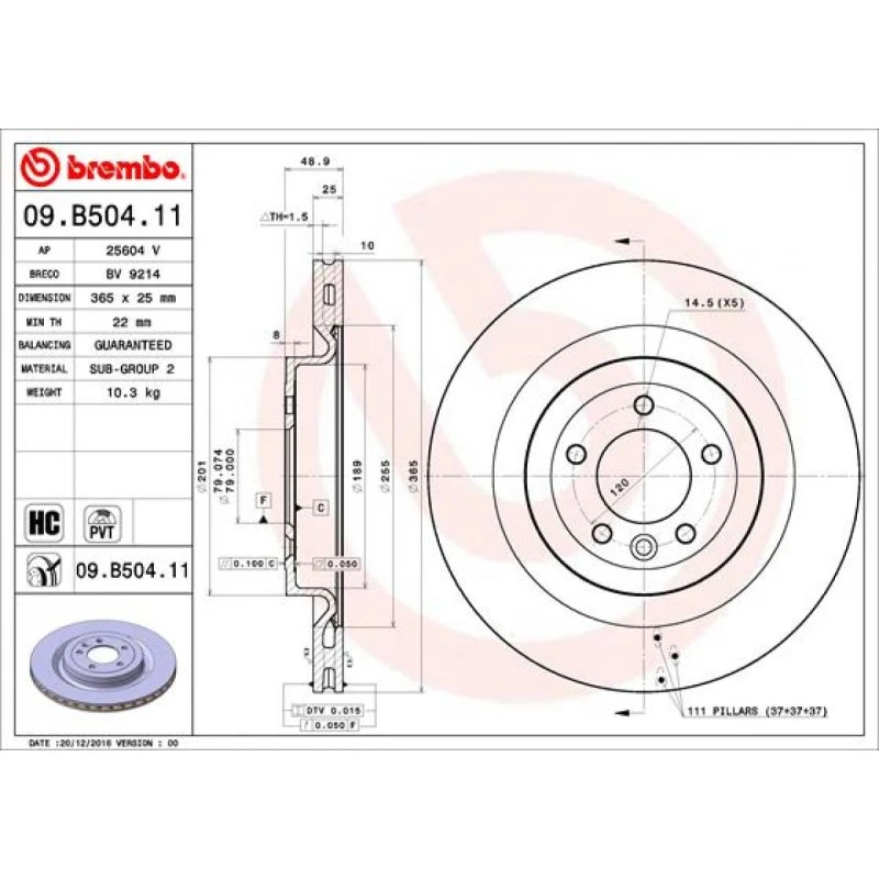 Brembo Bremseskive 09.B504.11, LR033303, LR099038, LR161899, LR189047