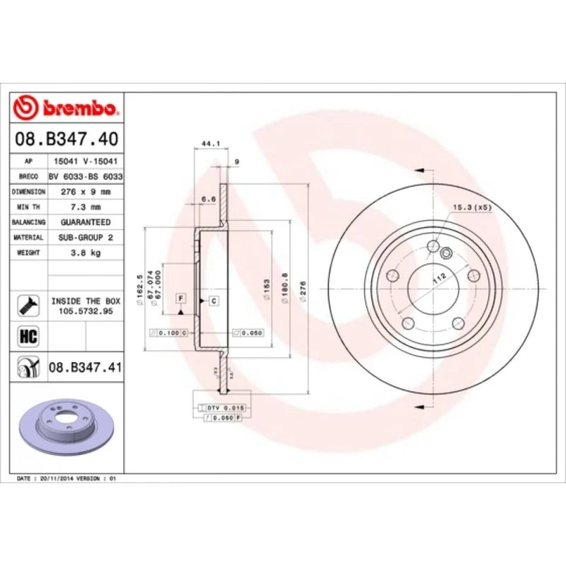 Brembo Bremseskive 08.B347.41 for Mercedes-Benz A/B-Class, 20"
