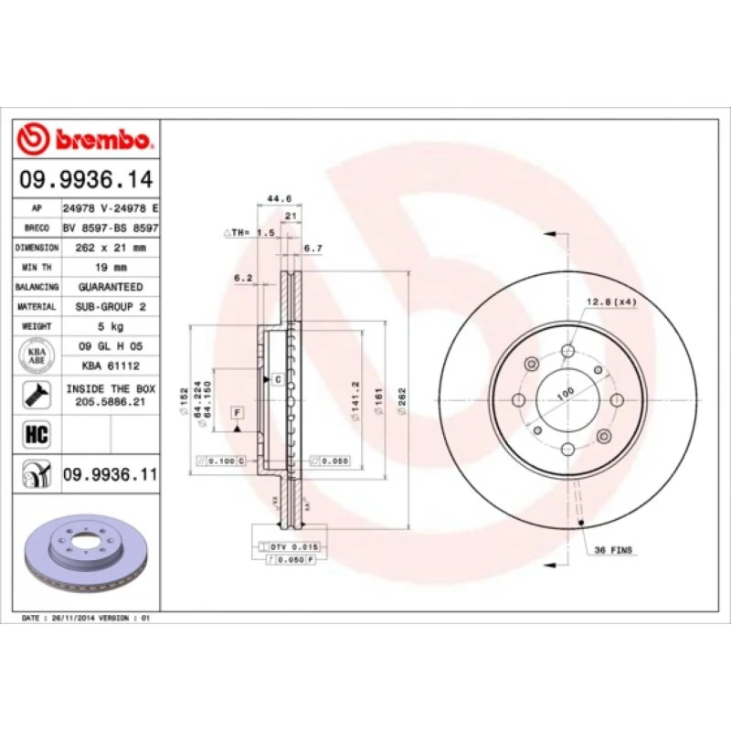 Brembo Bremseskive 09.9936.11 for Honda Civic & Jazz