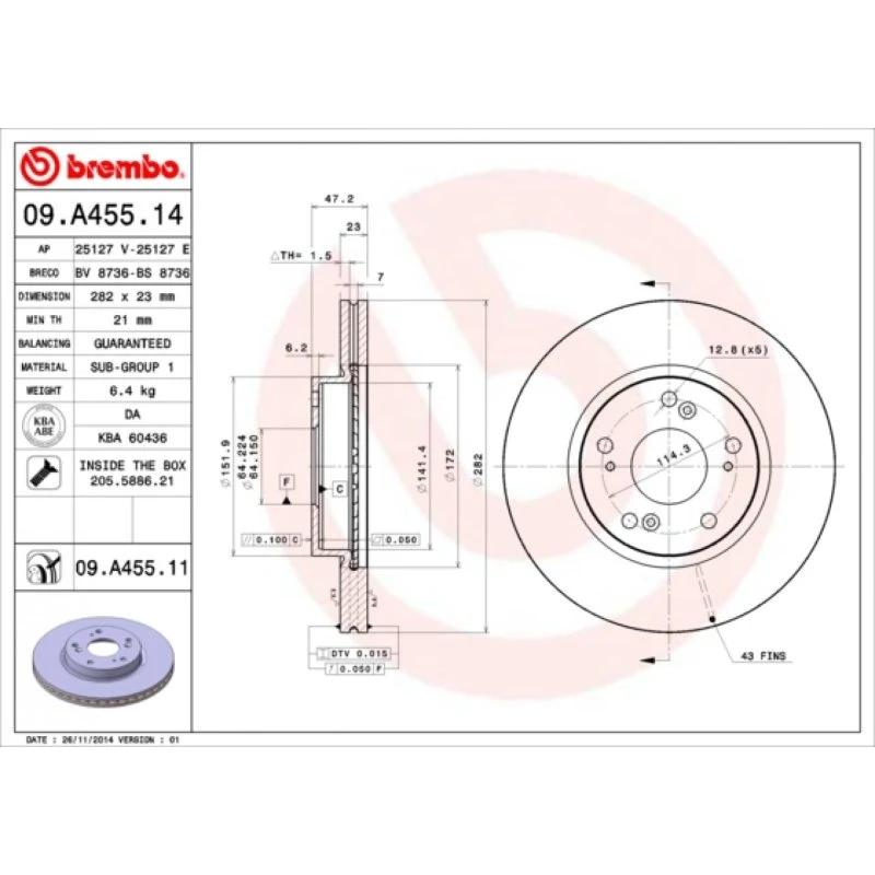 Brembo Bremseskive 09.A455.11 for Honda Civic, FR-V, Stream