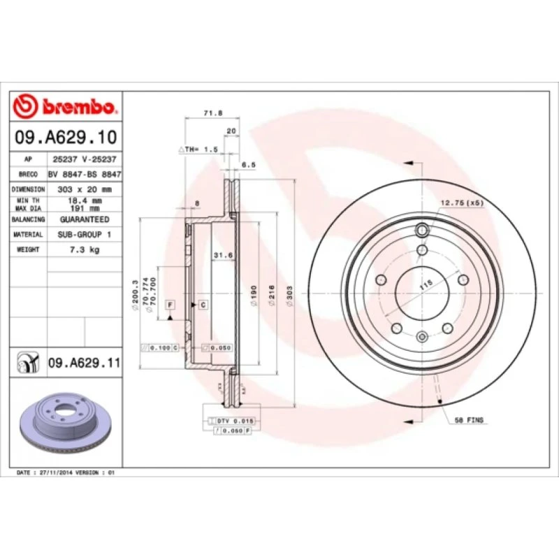 Brembo Bremseskive 09.A629.11, indvendigt ventileret, til Opel, Chevrolet, Vauxhall