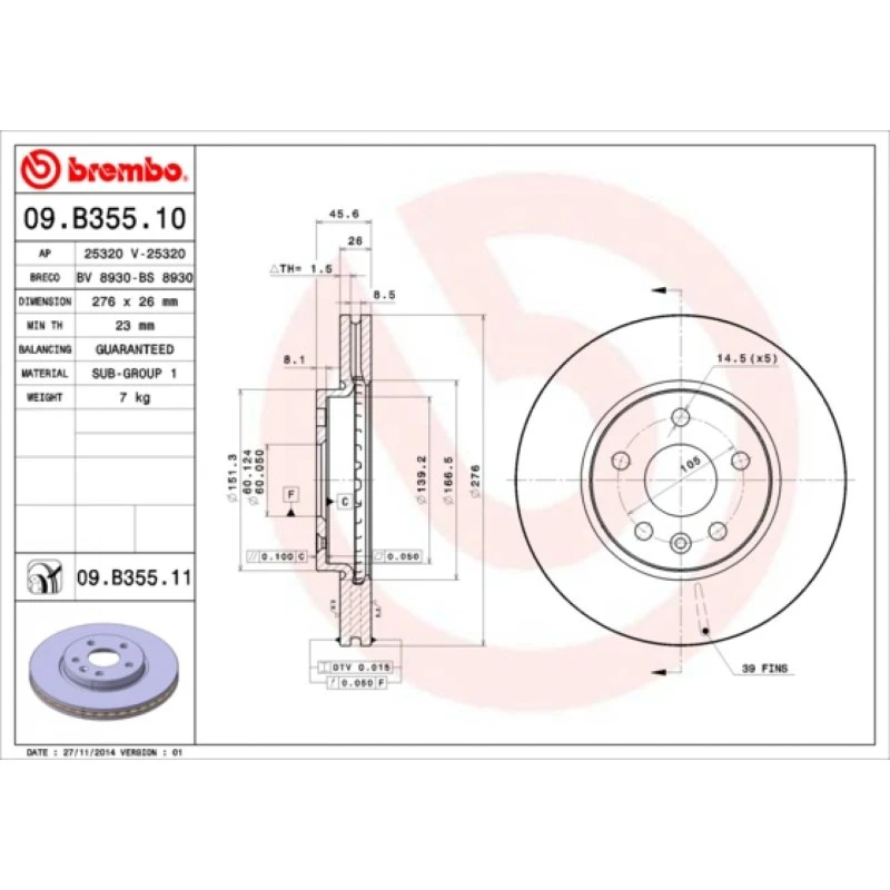 Brembo Bremseskive 09.B355.11, for Astra, Cruze, Aveo