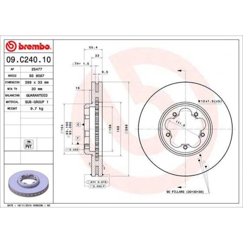 Brembo Bremseskive 09.C240.10, 33 mm tyk, foraksel, 16"