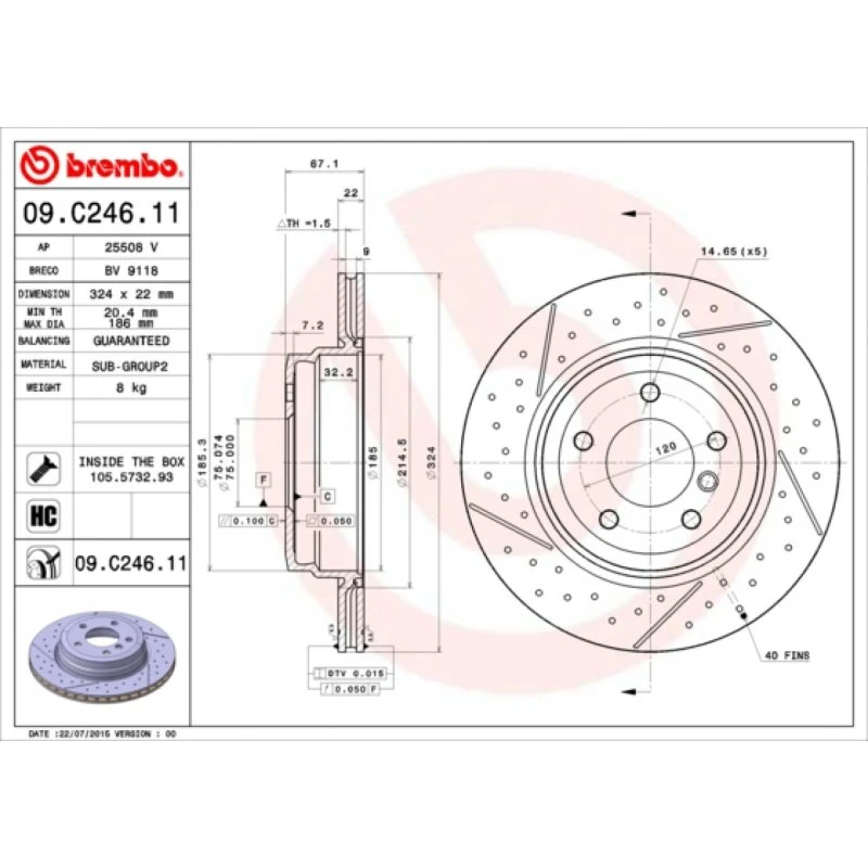 Brembo Bremseskive 09.C246.11, 324 mm, bagaksel, Prime