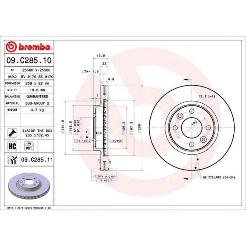 Brembo Bremseskive 09.C285.11 for Renault, Dacia, Smart