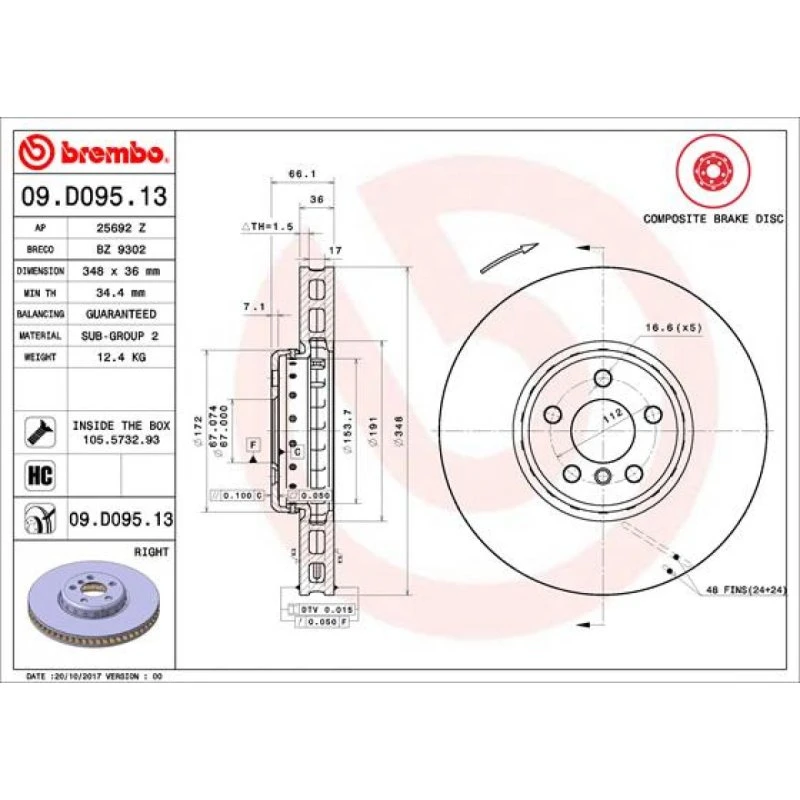 Brembo Bremseskive 09.D095.13, for BMW & Toyota, 36 mm tyk, indvendigt ventileret