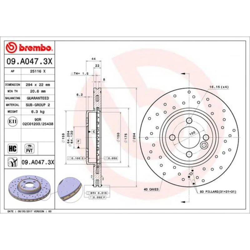 Brembo Bremseskive 09.A047.3X Xtra, perforeret, 22 mm