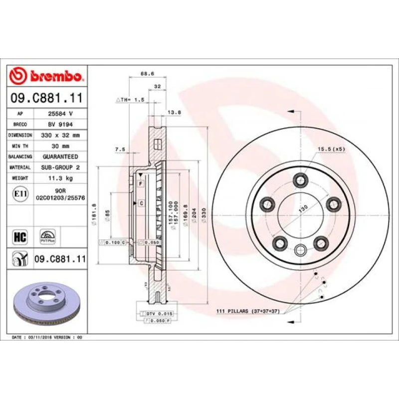 Brembo Bremseskive 09.C881.11 for VW Touareg & Porsche Cayenne