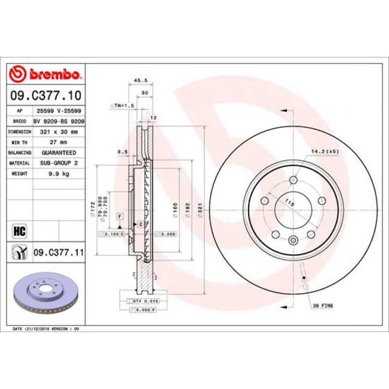 Brembo Bremseskive 09.C377.11 for Opel/Vauxhall 17"