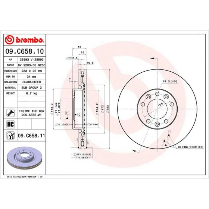 Brembo Bremseskive 09.C658.11 for Opel, Peugeot, Citroën