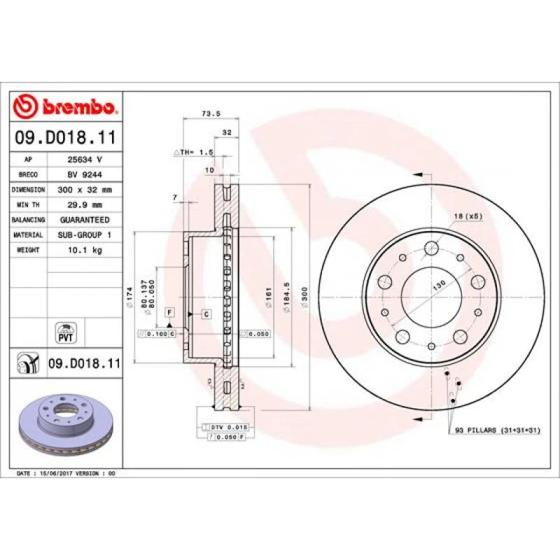 Brembo Bremseskive 09.D018.11 for Opel, Fiat, Peugeot, Citroën
