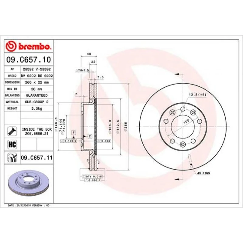 Brembo Bremseskive 09.C657.11 for Peugeot 308
