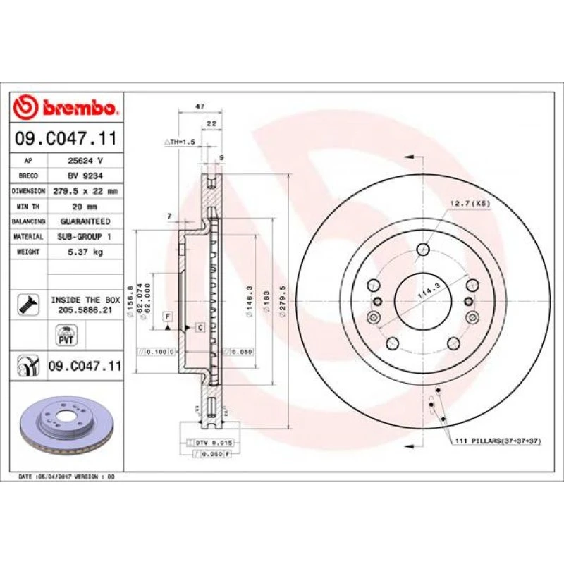 Brembo Bremseskive 09.C047.11 for Suzuki S-Cross, Vitara, SX4 S-Cross