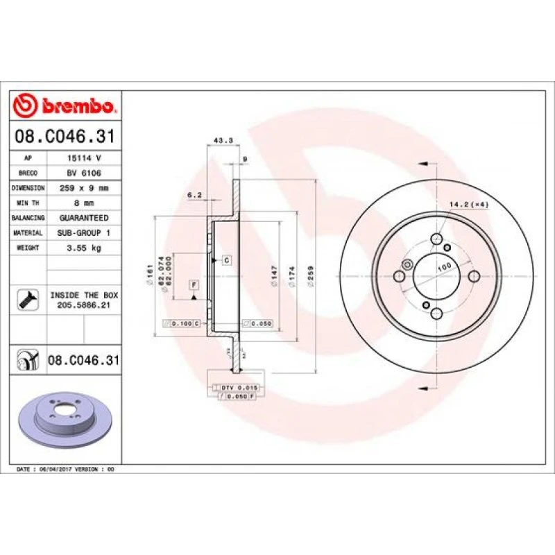 Brembo Bremseskive 08.C046.31 for Suzuki Swift IV