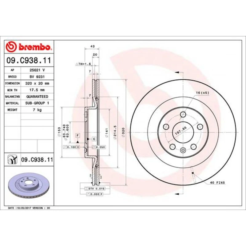 Brembo Bremseskive 09.C938.11 for Volvo & Polestar