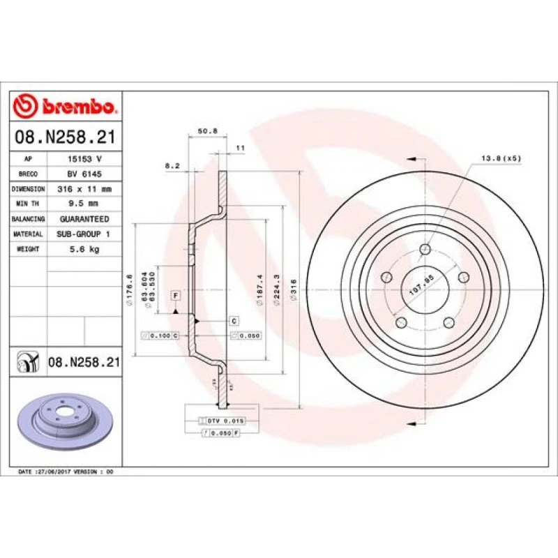Brembo Bremseskive 08.N258.21 til Ford Kuga II, Mondeo V