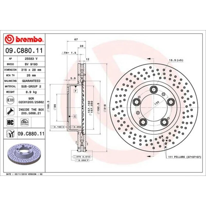 Brembo Bremseskive 09.C880.11 for Porsche 911, Boxster, Cayman