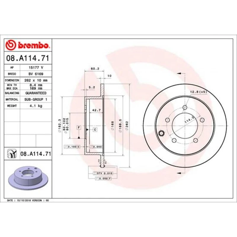 BREMBO Bremseskive 08.A114.71 for Mitsubishi Lancer VII/VIII