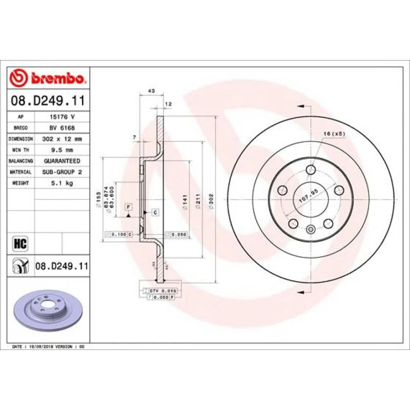 Brembo Bremseskive 08.D249.11 for Volvo S60/S90/V60/V90/XC60
