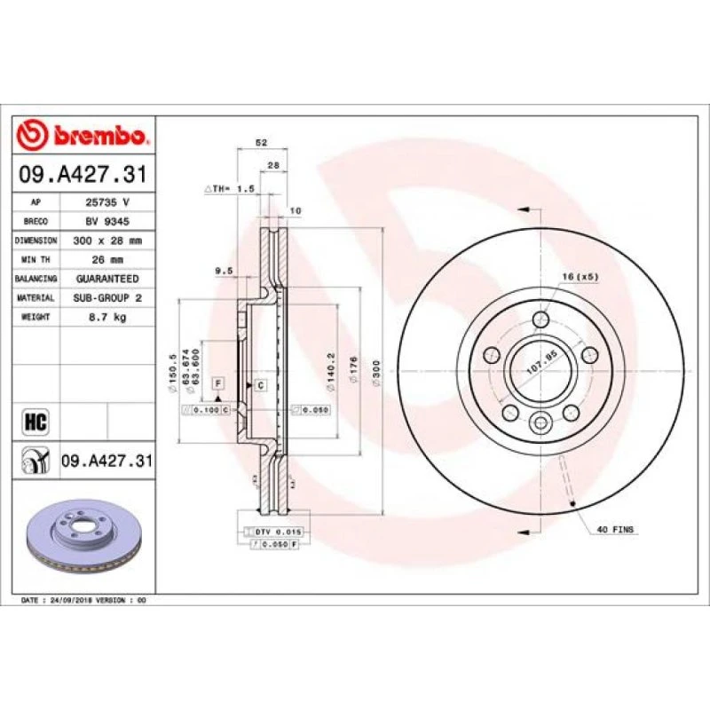 Brembo Bremseskive 09.A427.31 for Volvo S60/S80/V70 XC70
