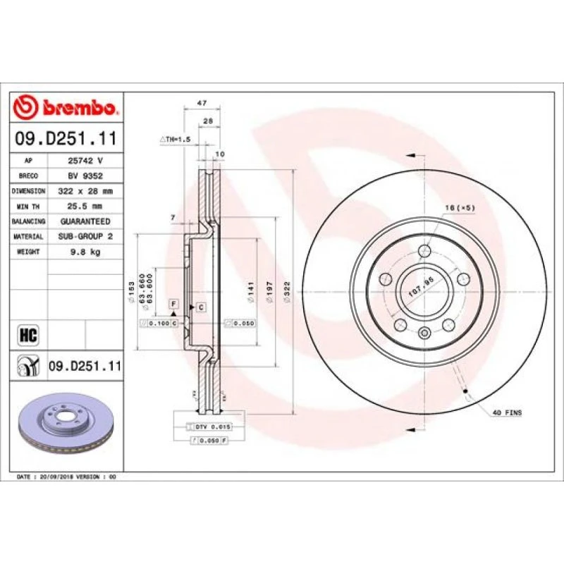 Brembo Bremseskive 09.D251.11 for Volvo, Mercedes-Benz, Ford