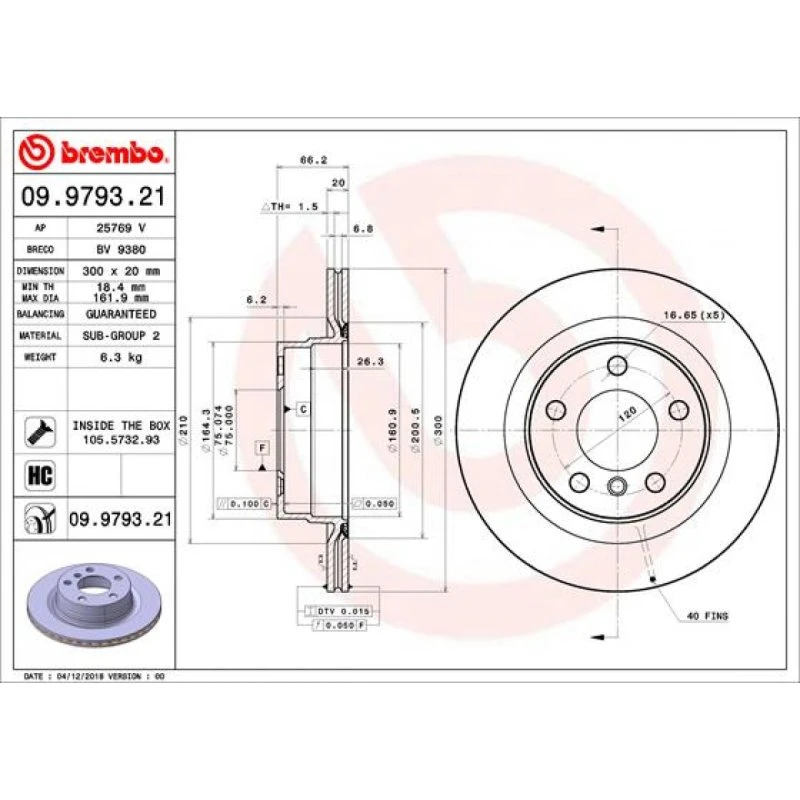 Brembo Bremseskive 09.9793.21, 300 mm, bagaksel, Prime