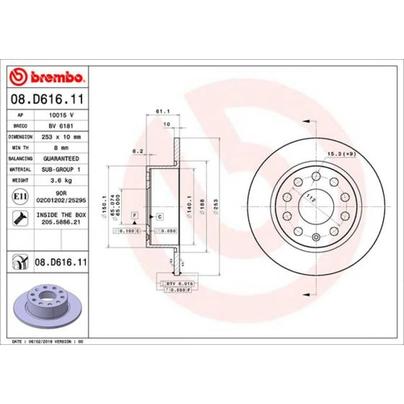 Brembo Bremseskive 08.D616.11 for Skoda Octavia III (2017+)