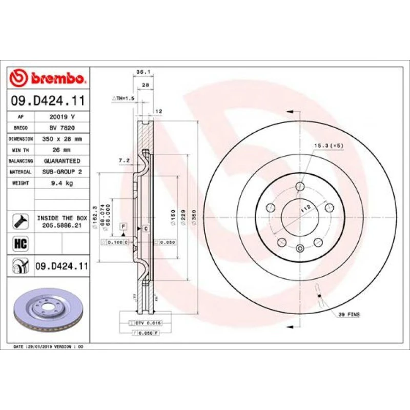 Brembo Bremseskive 09.D424.11, 350mm, 28mm, for VW, Audi, Honda