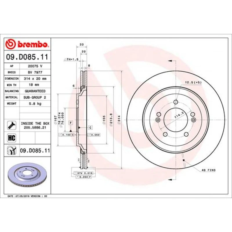 Brembo Bremseskive 09.D085.11 for Hyundai i30 Fastback