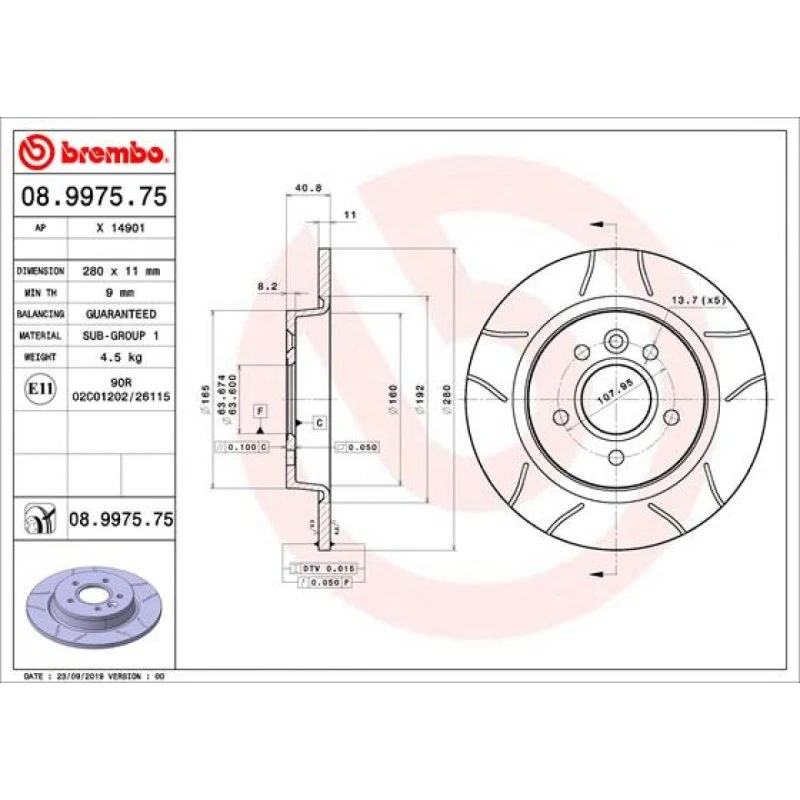 Brembo Bremseskive 08.9975.75, 11 mm tyk, til Ford Focus & Volvo V40