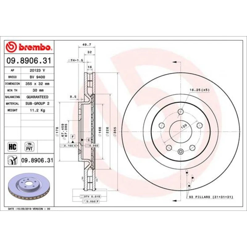 Brembo Bremseskive 09.8906.31 for Chevrolet Camaro