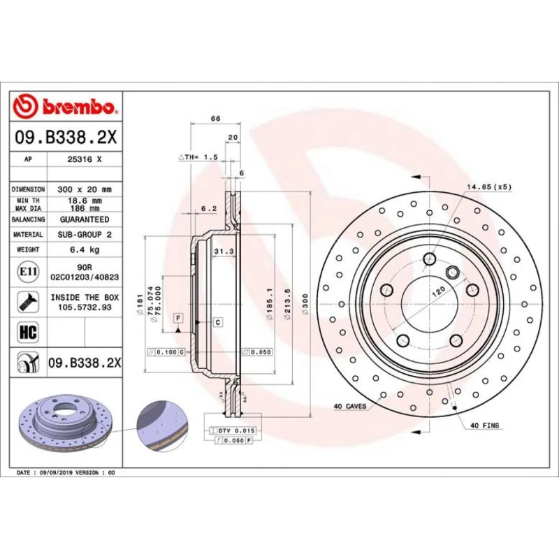 Brembo Bremseskive 09.B338.2X, 300mm, perforeret, Xtra, til BMW 1, 3, X1