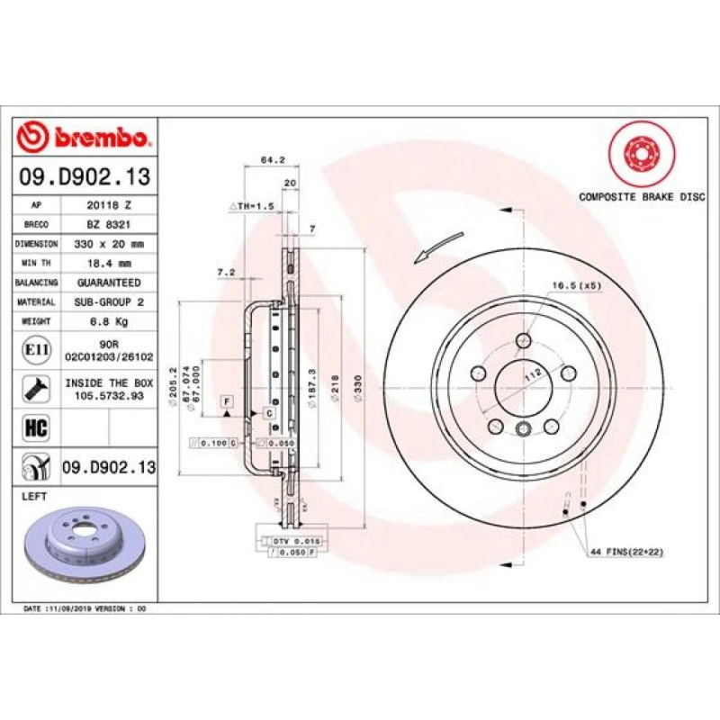 Brembo Bremseskive 09.D902.13, 330 mm, indvendigt ventileret, til BMW & Toyota