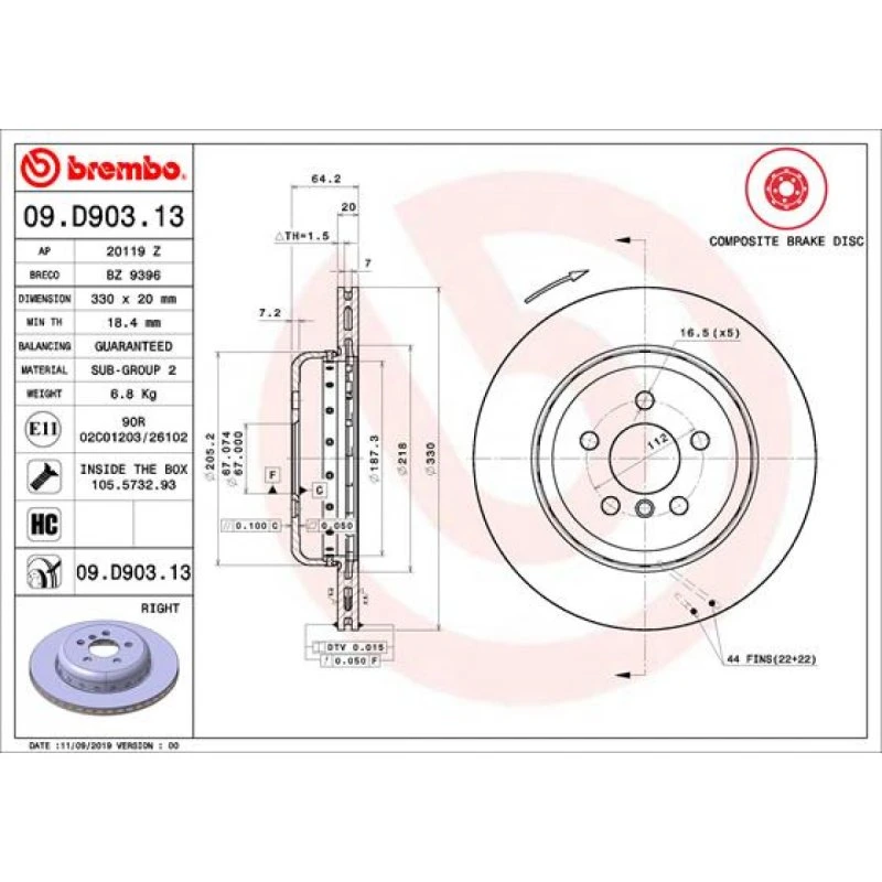 Brembo Bremseskive 09.D903.13, Bagaksel Højre, BMW & Toyota