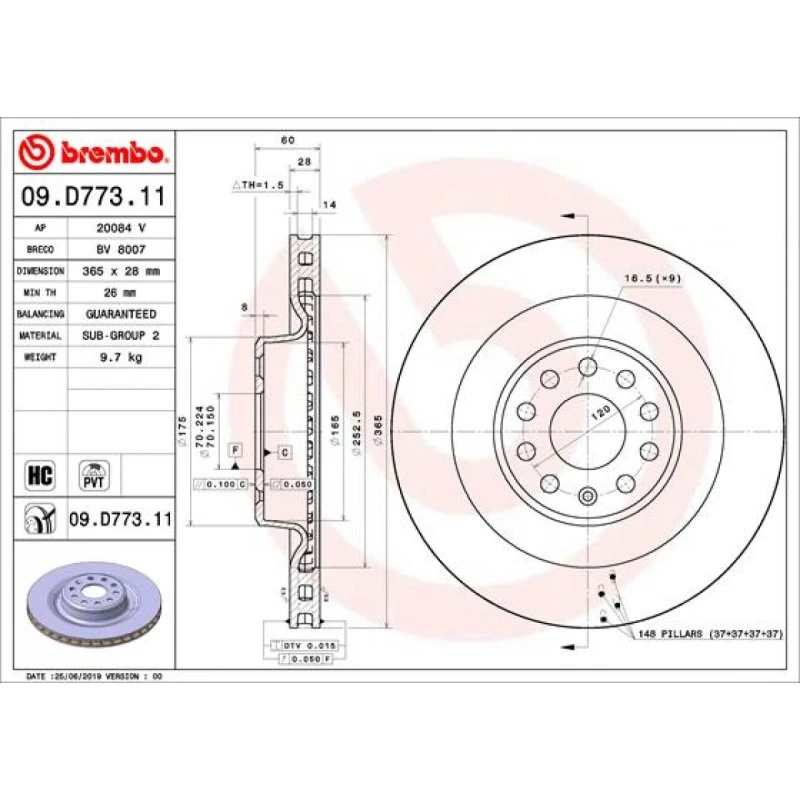 Brembo Bremseskive 09.D773.11 for Tesla Model S/X (2016-2021)