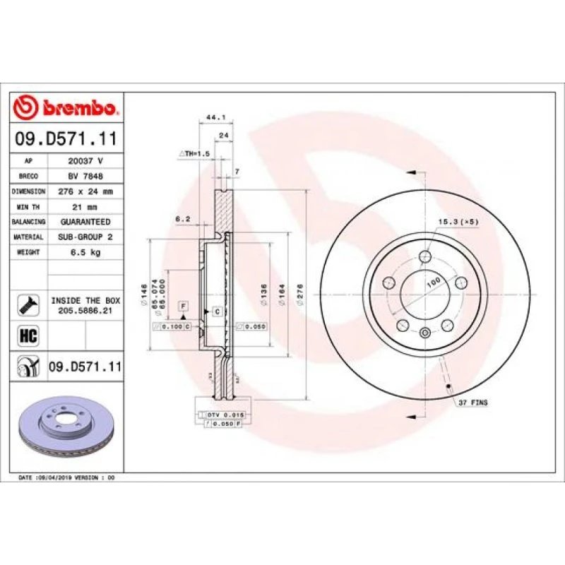 Brembo Bremseskive 09.D571.11 for VW/Audi/Skoda