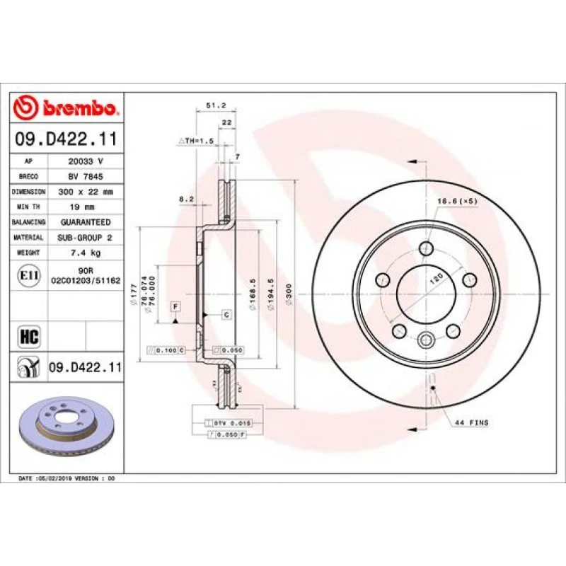 Brembo Bremseskive 09.D422.11, 300 mm, indvendigt ventileret